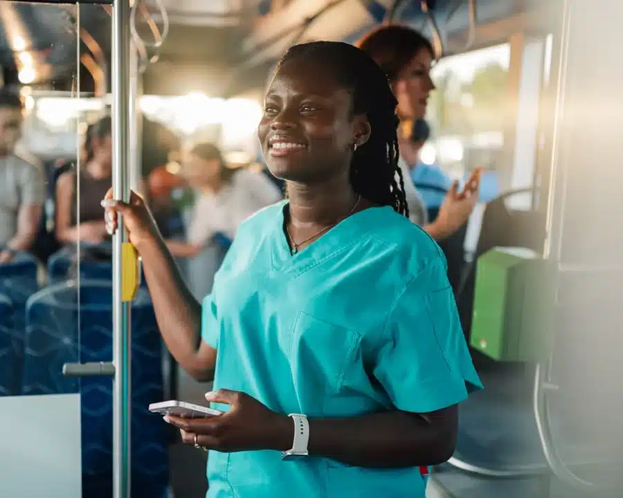 Travel nurse on her way to the hospital.